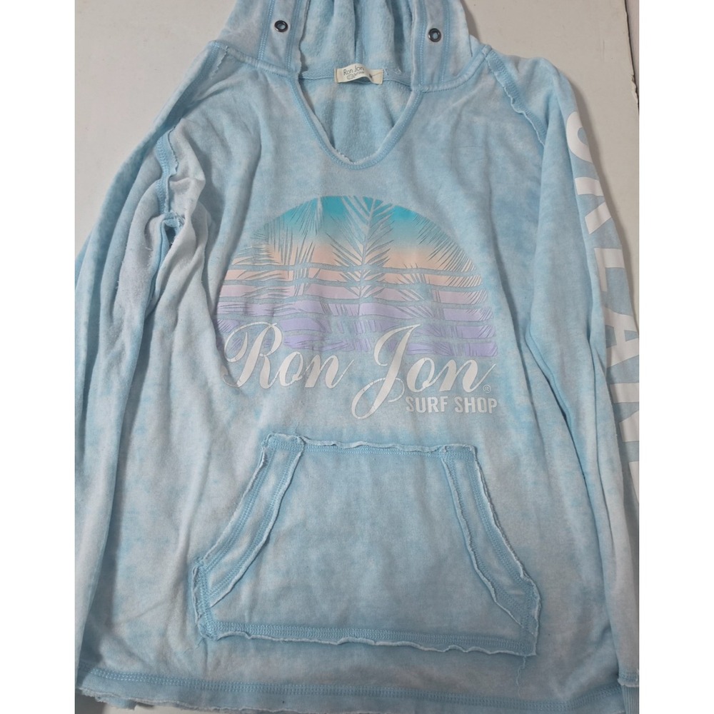 Ron Jon Surf Shop Orlando Distressed Light Blue V-Neck Hoodie Womens Size M